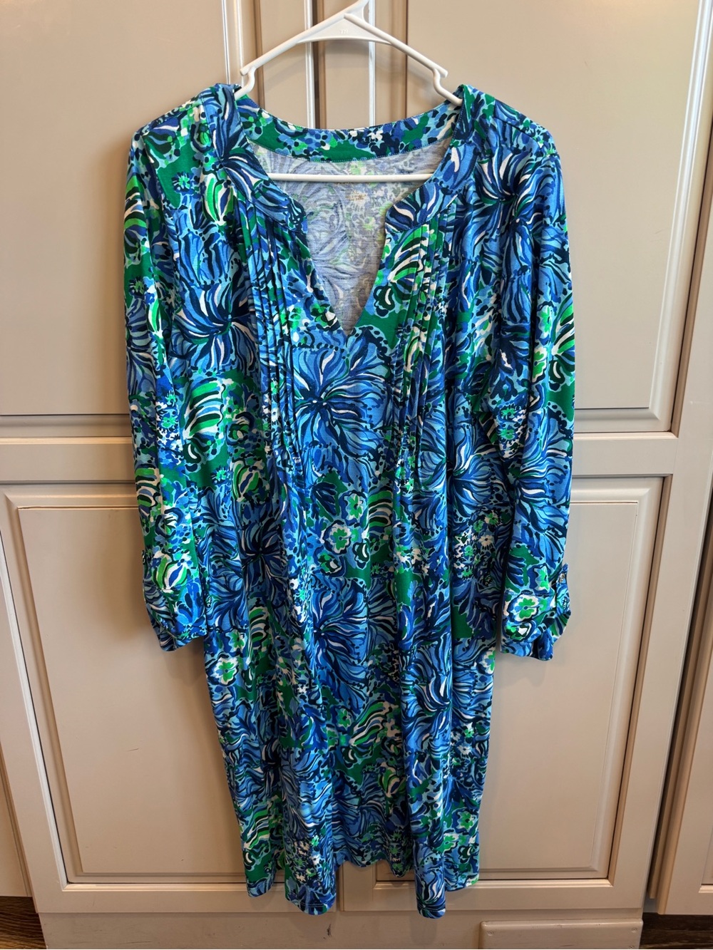 Lilly Pulitzer XL Blue & Green Floral V-Neck Women's Dress